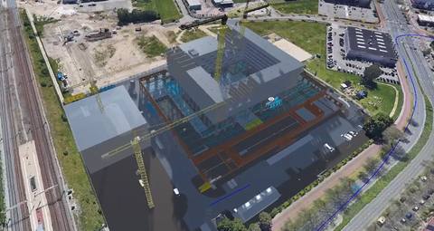 Digital twin van een bouwlocatie: BIM-model geprojecteerd op luchtfoto (Hogeschool Utrecht).