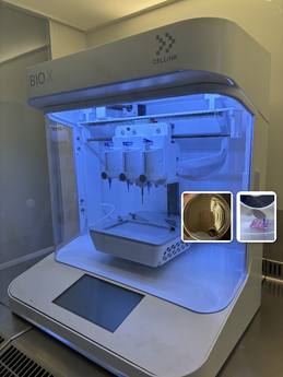 CELLINK BIO X-bioprinter van MeatUp bij Zuyd, met geprinte celstructuur in de petrischaal en onder de printkop.